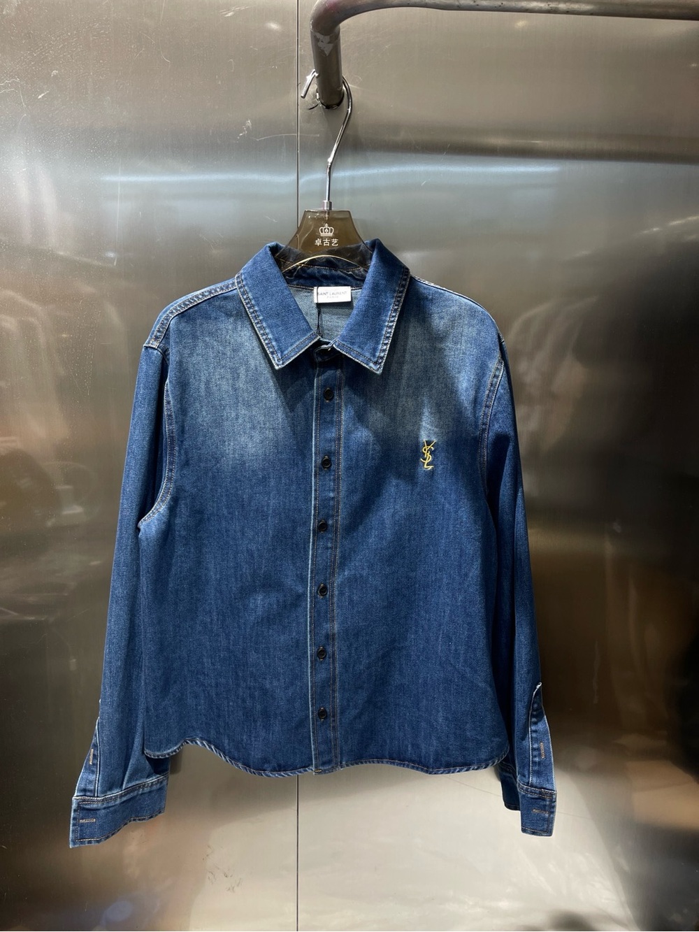 Saint Laurent Blue Denim Shirt with Yellow YSL Logo